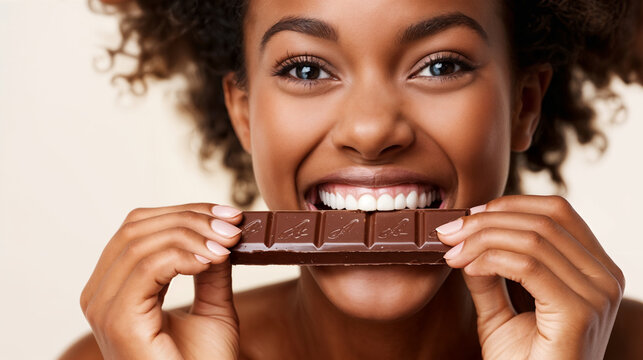 close up portrait of a woman eating a chocolate bar, generative ai
