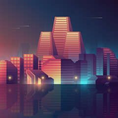 Night shining futuristic city. Vector illustration of the metaverse, modern digital metropolis.