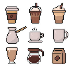 coffee pixel art set of icons, vintage, 8 bit, 80s, 90s game style, computer arcade game items, coffee cup, latte, frappe, cappuccino, cezve, coffee pot, package, cup, mug, vector illustration