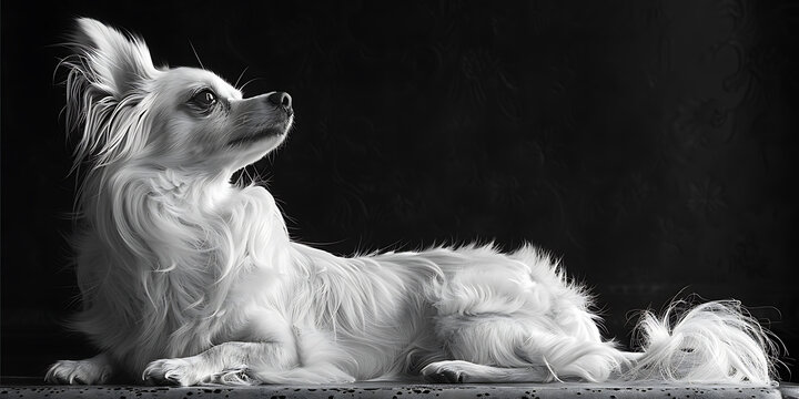 
A black and white photograph of a long-haired dog with predominantly white fur. The image has high contrast, with the dog's fur detailed in a way that highlights its texture against a dark background