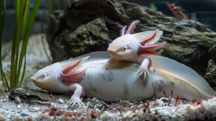 Albino axolotls with pink gills in a freshwater environment.