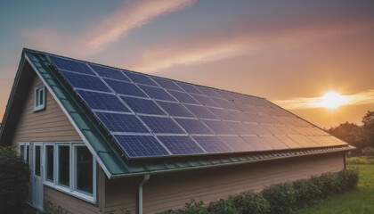 A home with solar panels on the roof, with the sun setting in the background. - obrazy, fototapety, plakaty