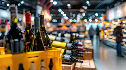 Bottles of wine on supermarket aisle - obrazy, fototapety, plakaty