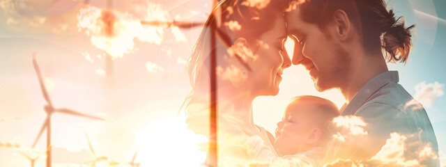 A future powered by love: a family with a baby envisions a sustainable tomorrow at a wind power plant.