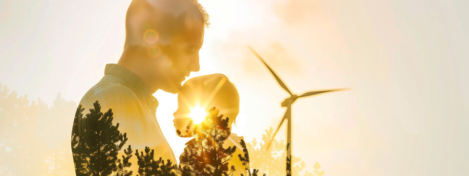 A future powered by love: a father with a baby envisions a sustainable tomorrow at a wind power plant.