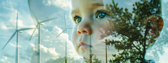 Growing up green: a baby explores the sustainable world of wind power at a renewable energy site.