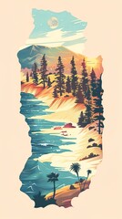  picture in the shape of california, california landscape, Redwood tree forest at top, tan valley at bottom with palm trees, blue ocean to left, mountains to righ