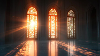 Beautiful windows in a church with rays of light - obrazy, fototapety, plakaty