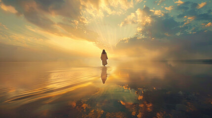 Jesus Christ walking on sea surface, magnificent sunrise light - obrazy, fototapety, plakaty