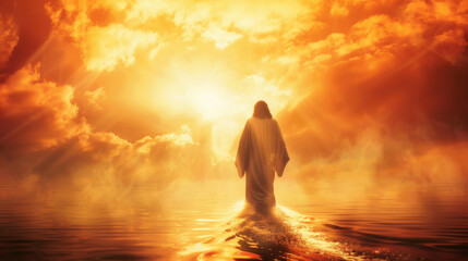 Jesus Christ walking on sea surface, spectacular sunrise light