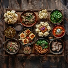 Asian Dishes Set, Azerbaijani Dumplings Giurza with Lamb Meat and Mutton Fillet in Ceramic Bowls