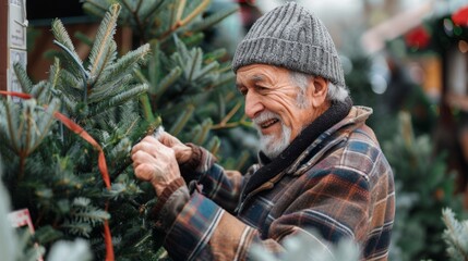Naklejka premium Man in hat and plaid shirt trims Christmas tree