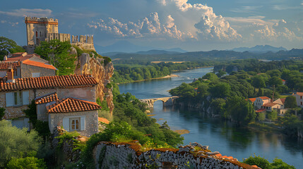 A picturesque vista of an old Mediterranean town perched atop a hill, overlooking a river. - obrazy, fototapety, plakaty