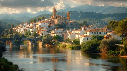 Zelfklevend Fotobehang A picturesque vista of an old Mediterranean town perched atop a hill, overlooking a river. © Pedro Areias