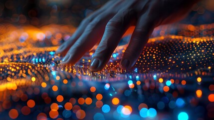 Close-up of a hand touching illuminated digital interface. Concept of future technology. Human interaction with a cybernetic world. A moment of connection. AI - obrazy, fototapety, plakaty