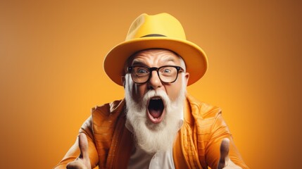 Excited Senior Man in Stylish Orange Outfit and Yellow Hat on Orange Background