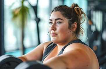 Obraz premium A young fat woman is exercising in the gym