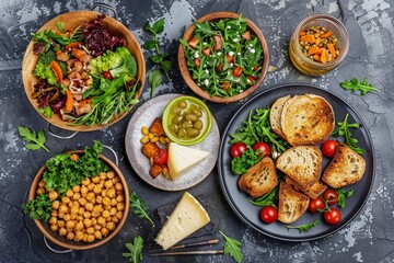 Fried Vegetable Salad, Green Mix Meat and Chickpeas, Cheese Plate and Freshly Baked Bread