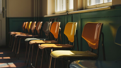 Vintage Classroom Interior with Row of Chairs and Sunlight Streaming through Window