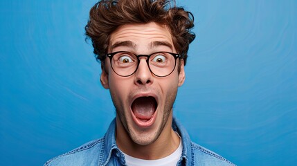 Exaggerated Surprised Expression of Young Man with Beard and Glasses
