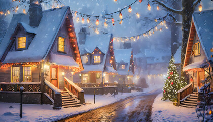 Cute houses beautifully decorated with Christmas garlands in a snow - covered on digital art concept, Generative AI. - 781449602