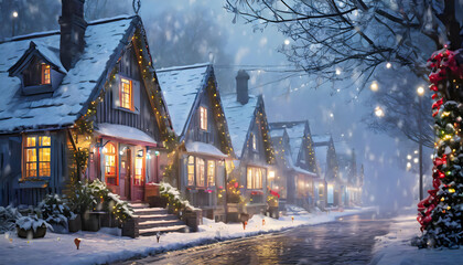 Cute houses beautifully decorated with Christmas garlands in a snow - covered on digital art concept, Generative AI. - 781449604