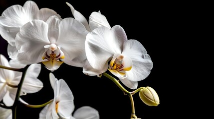 Naklejka na ściany i meble Elegant White Orchid Blooms on a Dark Background, Perfect for Tranquil Design Themes. Serene Nature Image Suitable for Wallpapers and Floral Displays. AI