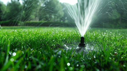 A lush green lawn being watered by a modern, efficient sprinkler system, showcasing an automatic irrigation setup as part of a smart home gardens maintenance. - obrazy, fototapety, plakaty