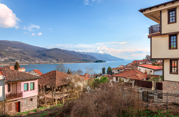 View of the old town of Ohrid with the lake in the background. Buildings of Ottoman and Macedonian architecture.