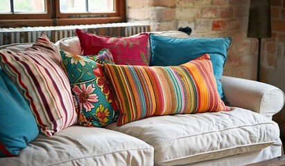 Cozy home interior with colorful decorative pillows on a couch