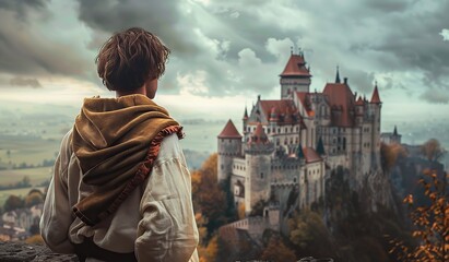 Young traveler gazing at a majestic castle amidst autumn scenery - obrazy, fototapety, plakaty