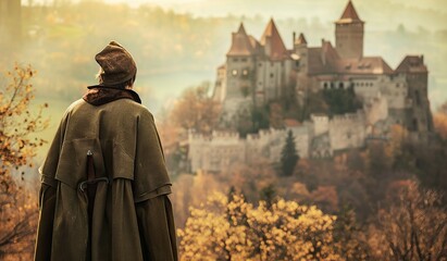 Mysterious cloaked figure overlooking a majestic medieval castle in autumn