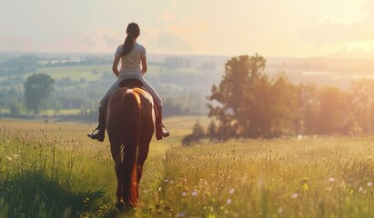 Horseback rider enjoying a tranquil sunset in an open field - obrazy, fototapety, plakaty