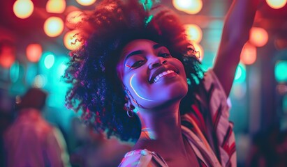 Vibrant party atmosphere with joyful young dark-skinned woman dancing - obrazy, fototapety, plakaty