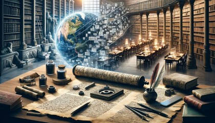 Ancient Library with Holographic World Projection - obrazy, fototapety, plakaty