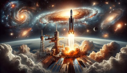 Space Shuttle Launch Amidst Galactic Vistas - obrazy, fototapety, plakaty