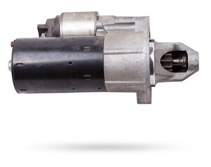 Starter of an internal combustion engine New Spare part for car on a white background. Spare parts catalog.