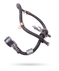 Automotive wiring harness with negative battery terminal and squib for disconnection in case of an...