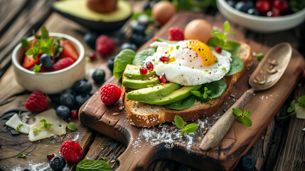 a balanced breakfast scene on a rustic wooden background. Whole grain toast, avocado slices, a poached egg, and a small bowl of mixed berries are neatly presented, Generative AI