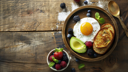 a balanced breakfast scene on a rustic wooden background. Whole grain toast, avocado slices, a poached egg, and a small bowl of mixed berries are neatly presented, Generative AI - obrazy, fototapety, plakaty