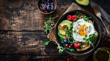 a balanced breakfast scene on a rustic wooden background. Whole grain toast, avocado slices, a poached egg, and a small bowl of mixed berries are neatly presented, Generative AI