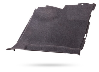 Sheathing of a car body part - trunk made of gray fabric on a white isolated background in a photo studio for replacement or sale in a workshop.