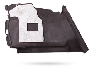 Sheathing of a car body part - trunk made of gray fabric on a white isolated background in a photo...