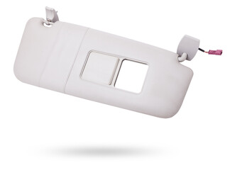 Sun visor with a mirror made of light gray plastic on a white background in a photo studio. Spare...