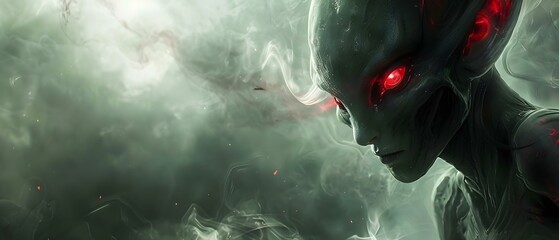 Red-Eyed Alien Enigma Amidst the Mist. Concept Alien Encounter, Strange Phenomenon, Mysterious Sightings, Otherworldly Mysteries - obrazy, fototapety, plakaty