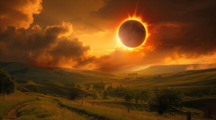 America's Heartland Eclipsed: Surreal Light Bathes Rolling Hills & Meadows - obrazy, fototapety, plakaty