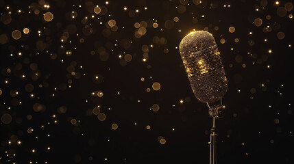 Retro Microphone with Glittering Golden Surface on Dark Bokeh Lights Background