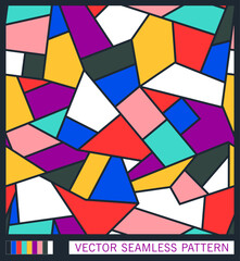 Abstract mosaic of geometric shapes. Chaotic uneven composition. Seamless pattern. Vector graphics