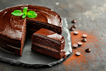 Tasty homemade chocolate cake on dark background. Copy space