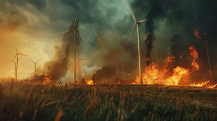 Wildfire Engulfs Field Near Wind Turbines at Sunset - obrazy, fototapety, plakaty
